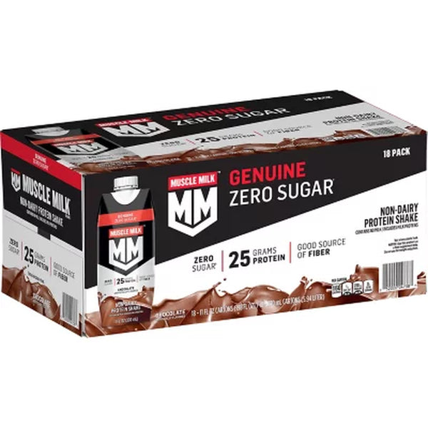 Muscle Milk 25G Genuine Protein Shake Zero Sugar, Chocolate (11 Fl. Oz., 18 Pk.)